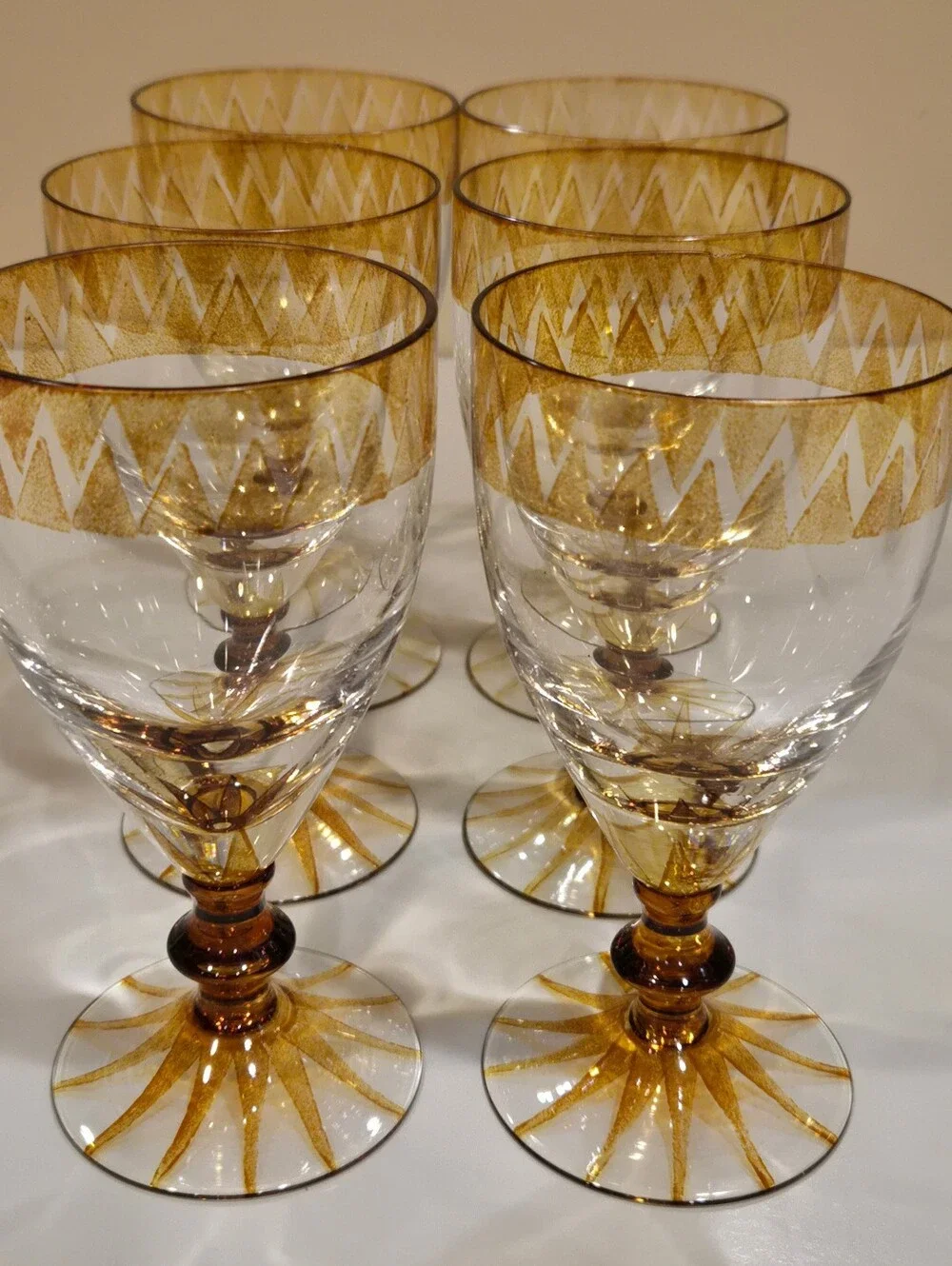 Vintage Stemmed Wine Glasses With Amber Detail X 6